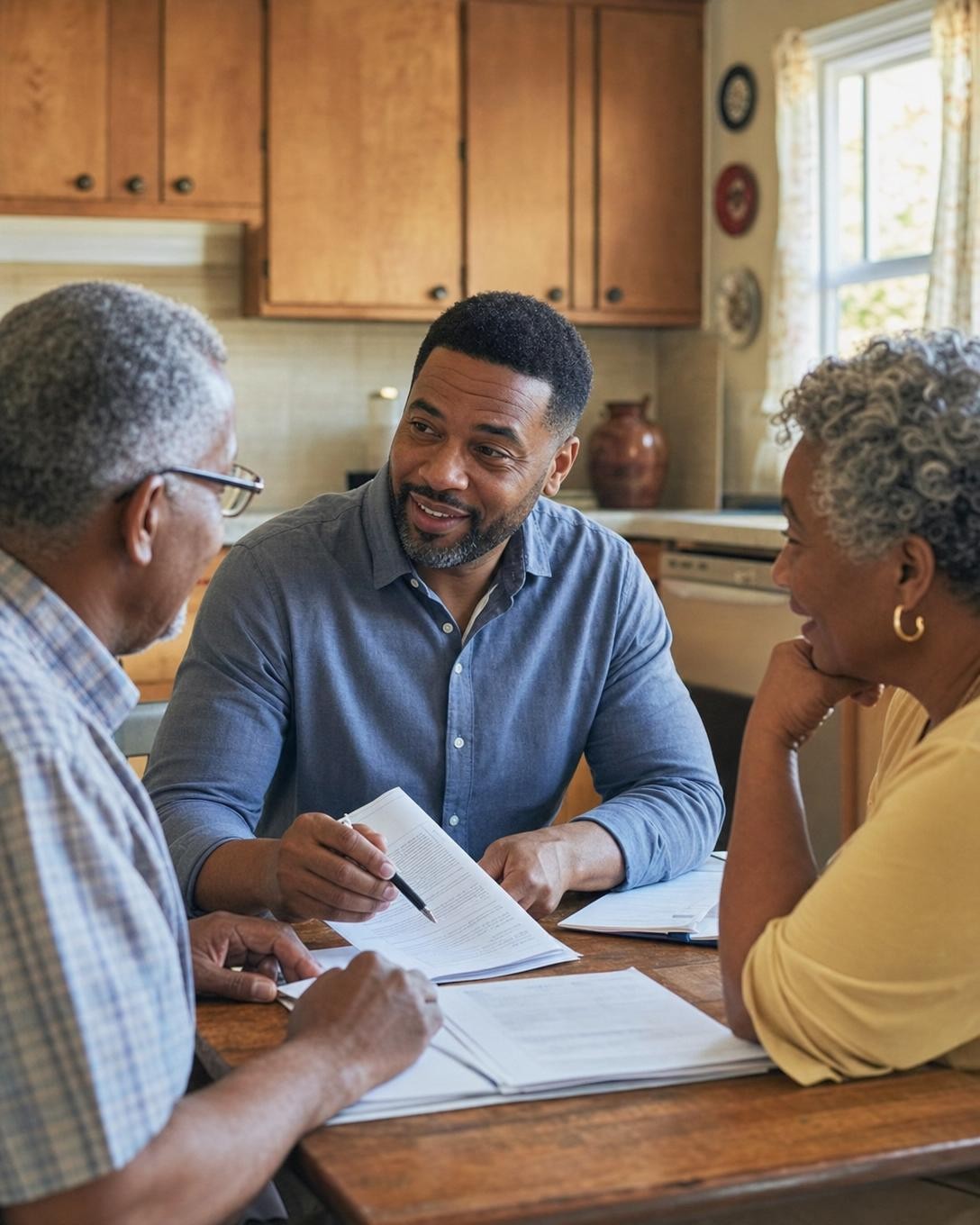 A home buyer walking through a property with a homeowner couple